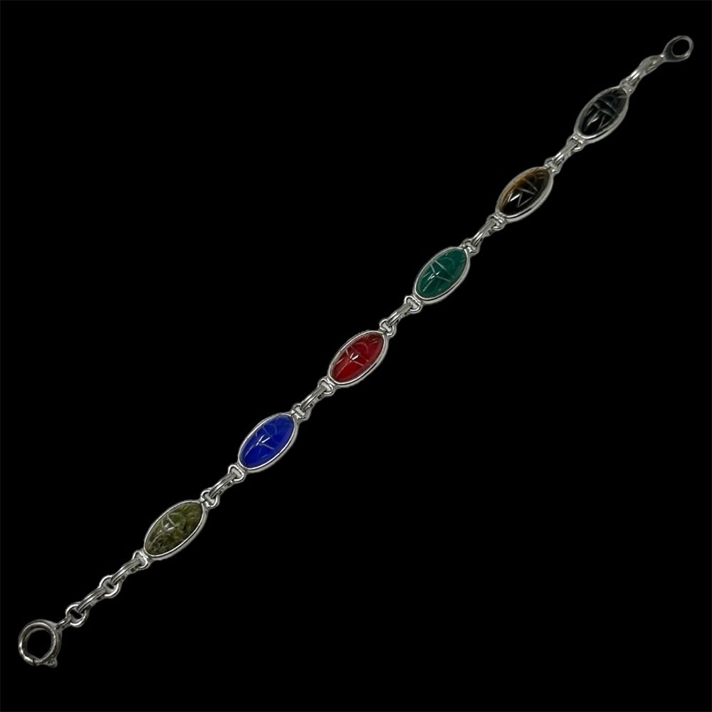 Sterling Silver Vintage Scarab Carved Stone Bracelet